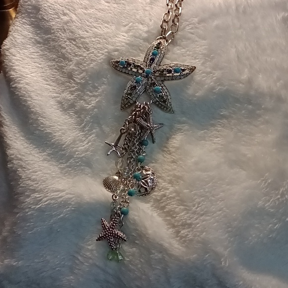 328. STATEMENT NECKLACE SILVER TONE BLUE GEMS OCEAN THEME 19" - Picture 6 of 6